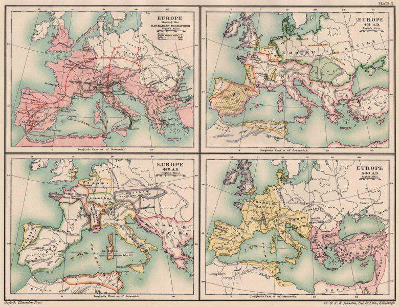 DARK AGES EUROPE. Barbarian Migrations; 451 476 500 AD. 5th century 1902 map (1 of 2)