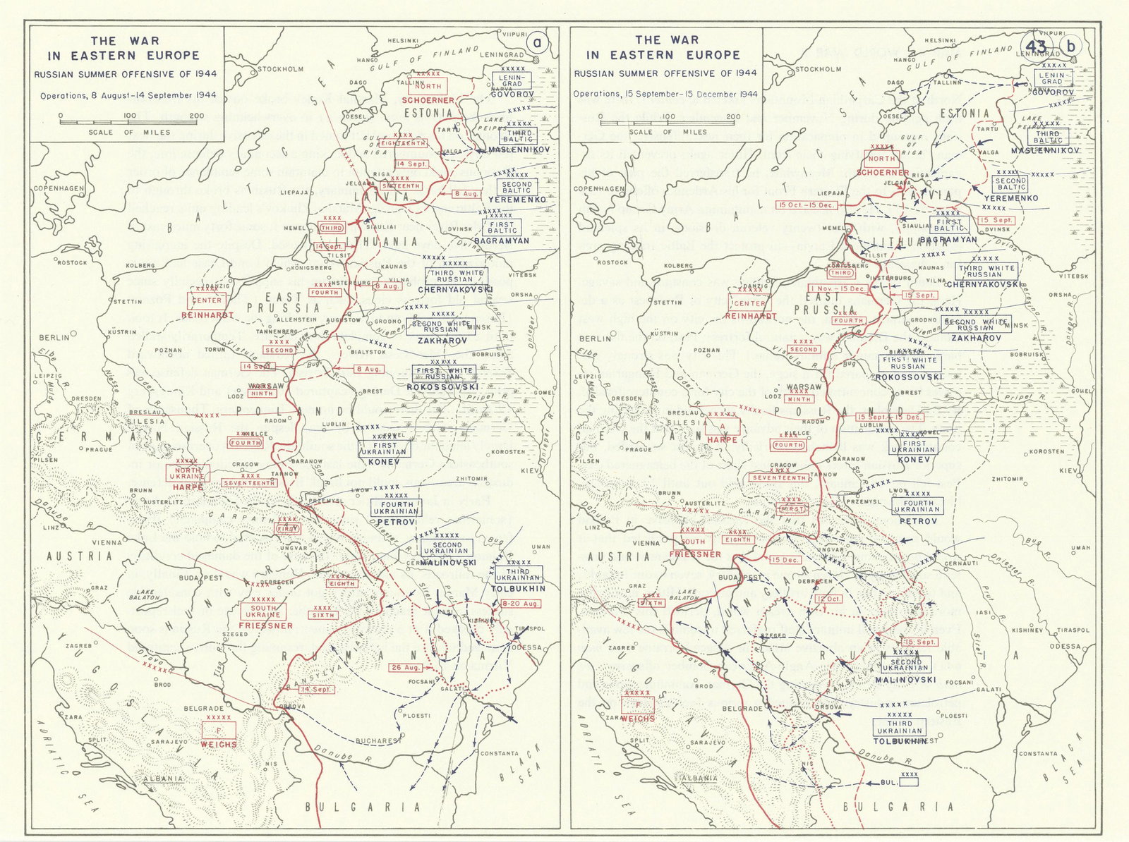 World War 2. Eastern Front. August-Dec 1944 Russian Summer Offensive 1959 map: TITLE/CONTENT OF MAP: 'The War in Eastern Europe - Russian Summer Offensive of 1944 Operations, 8 August-14 September 1944 // The War in Eastern Europe - Russian Summer Offensive of 1944 Operations, 1