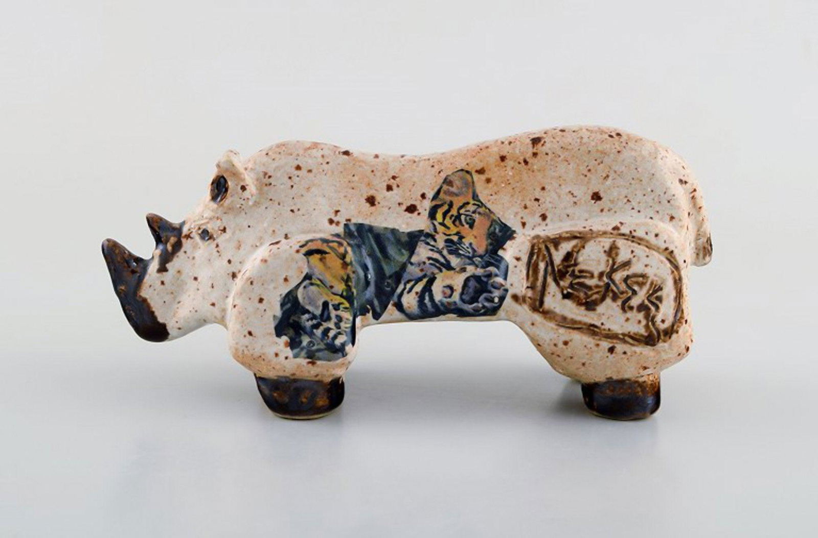 European studio ceramist. Unique figure in glazed ceramics. Rhino with tiger and tiger cub. Ca. 1980 (1 of 7)