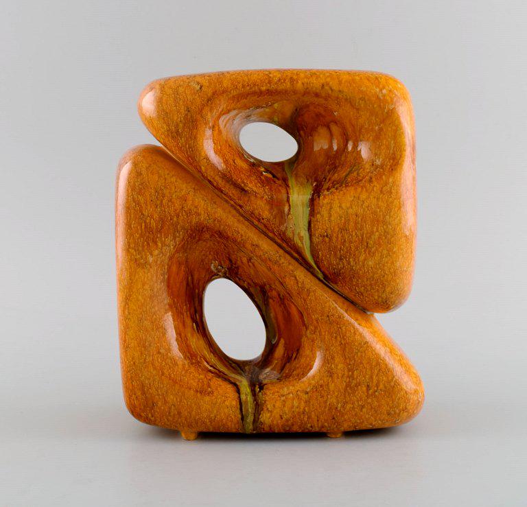 Organically shaped freeform vase in glazed stoneware. Beautiful glaze in mustard yellow shades. (1 of 6)