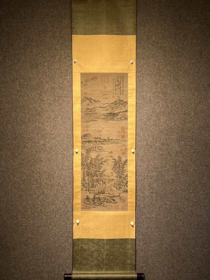 Wang Hui's fine silk brocade-mounted vertical scroll landscape painting: Wang Hui's fine silk brocade-mounted vertical scroll landscape painting. Heart of painting: 84*30cm Reserve: $5,000.00 Shipping: Domestic: Shipping rates are determined by destination International: F
