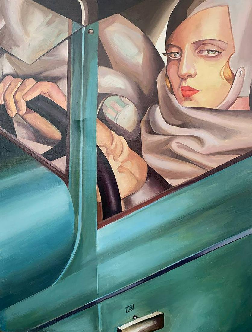 Oil painting Self-portrait of Tamara Lempicka in green Bugatti V. Konotopsky (1 of 8)
