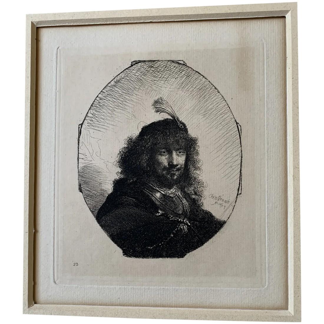 Rembrandt. Self portrait with plumed beret. Signed on plate 1634 (1 of 4)