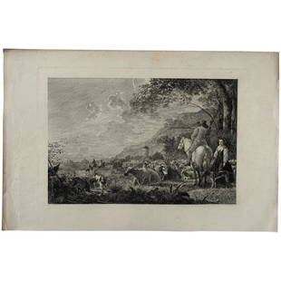 A Hilly River Landscape with a Horseman talking to a Shepherdess, after Aelbert Cuyp - Antique: A Hilly River Landscape with a Horseman talking to a Shepherdess Engraver: unknown Artist: after Aelbert Cuyp (1620-1691). Description: A hilly landscape with figures; a horseman addressing a shepherd