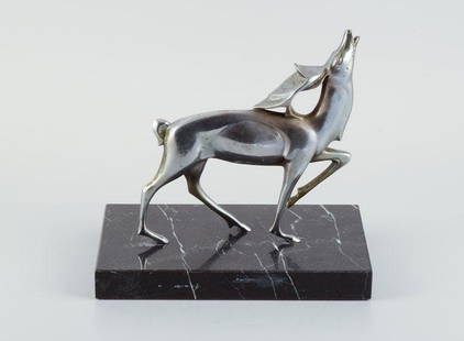 Michel Decoux, (1837-1924) Belgian sculptor, Art Deco sculpture of roaring stag in silver patinated: Michel Decoux, (1837-1924) Belgian sculptor, Art Deco sculpture of roaring stag in silver patinated bronze on black marble base. 1910/1920s. Marked. In excellent condition with beautiful patina. Measu
