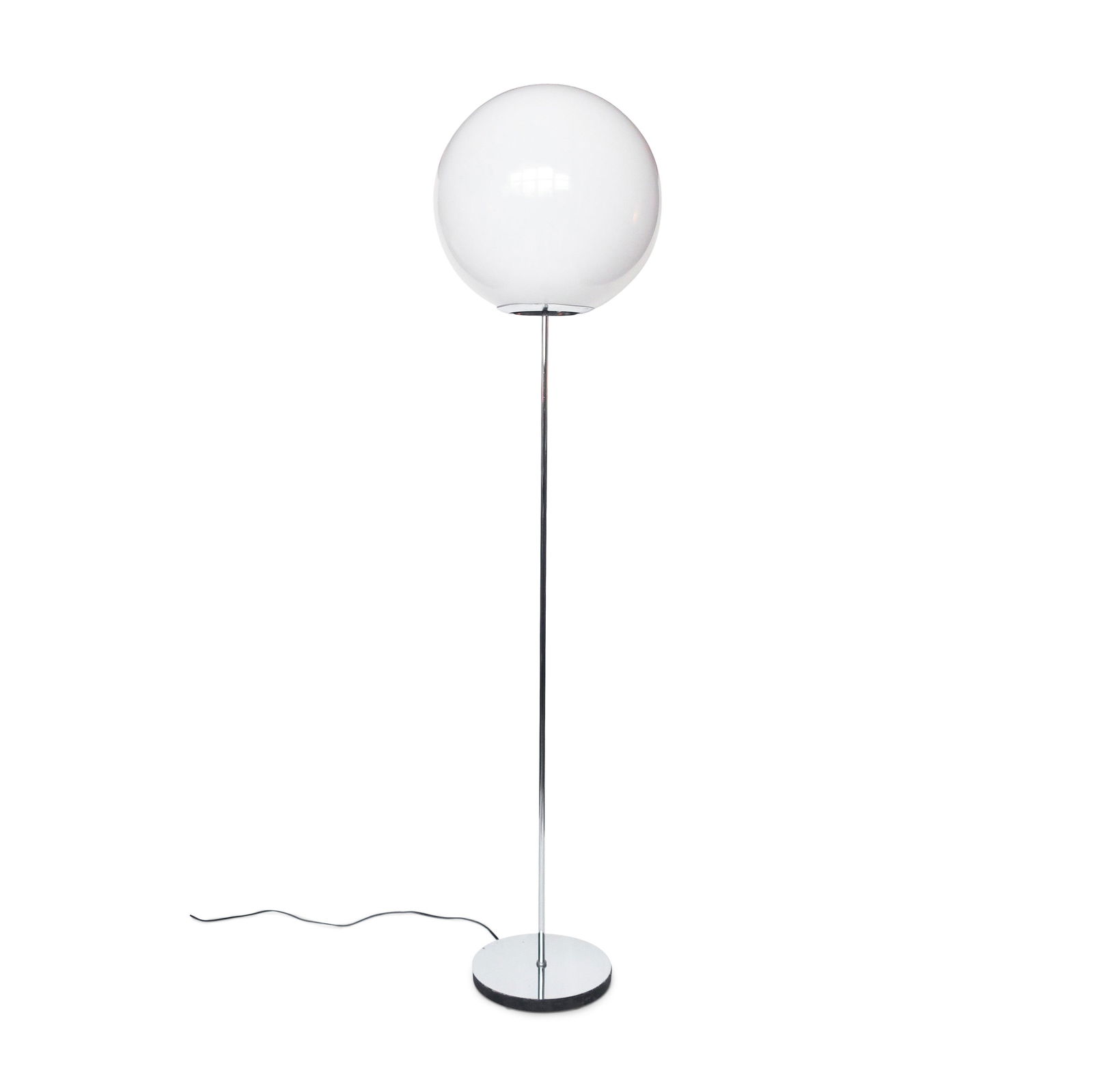 Vintage Chrome Lollipop Floor Lamp: A beautiful mid-century modern floor lamp with white plastic globe shade in the style of Robert Sonneman and Neal Small. Includes a spherical light-diffusing plastic shade (much safer than a glass sha