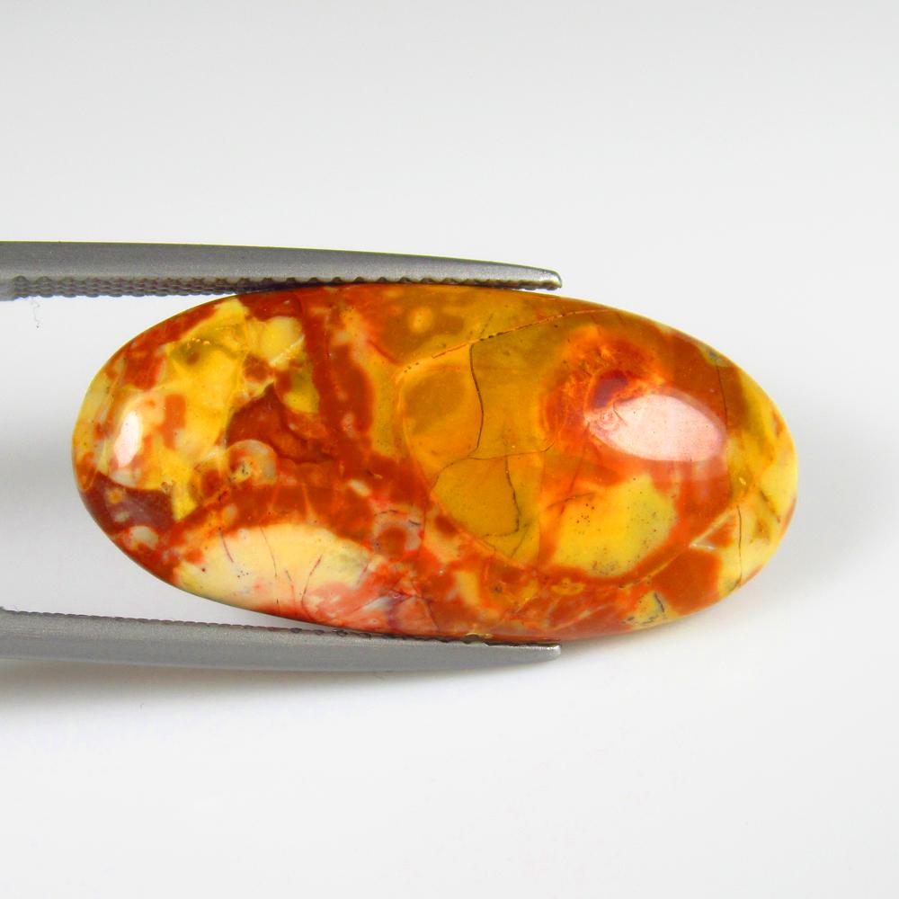 Natural Jasper - 13.59 Ct: No Reserve! Title: Natural Jasper - 13.59 Ct Origin: Brazil Weight: 13.59 Size/Dimensions: 28.0 x 14.0 x 6.2 mm Additional Information: Pieces : 1 No's / Shape : Oval Cabochon / Color : Orange / Clari