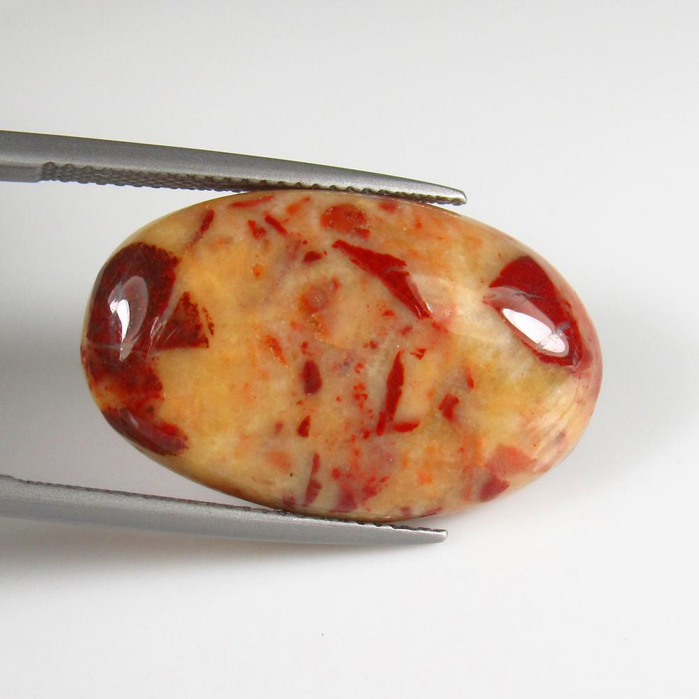 Natural Jasper - 20.05 Ct: No Reserve! Title: Natural Jasper - 20.05 Ct Origin: Brazil Weight: 20.05 Size/Dimensions: 23.0 x 16.5 x 6.0 mm Additional Information: Pieces : 1 No's / Shape : Oval Cabochon / Color : Orange / Clari