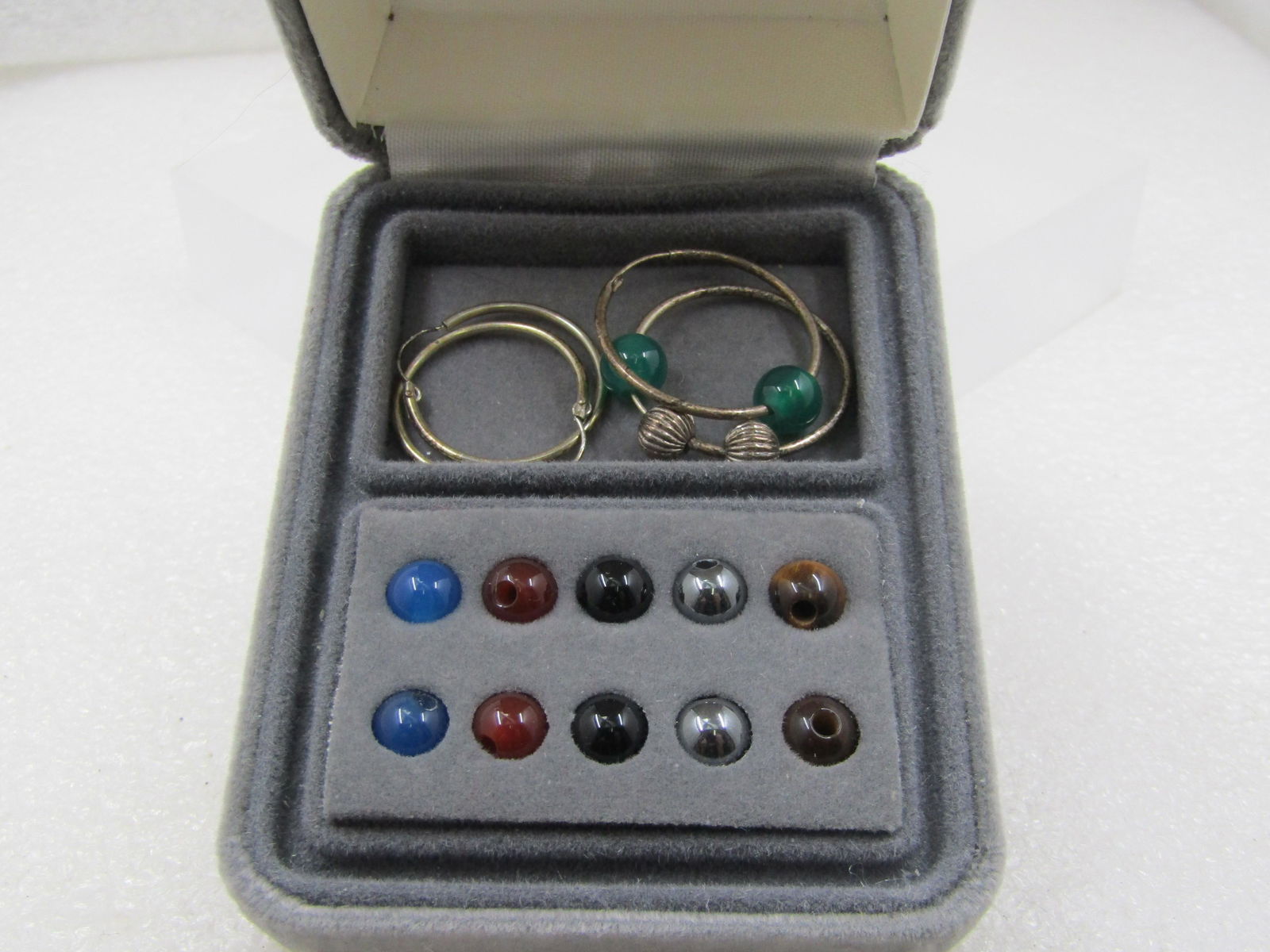 Vintage 2 Pr. Sterling Hoop Earrings, Convertible Stone Beads (1 of 5)