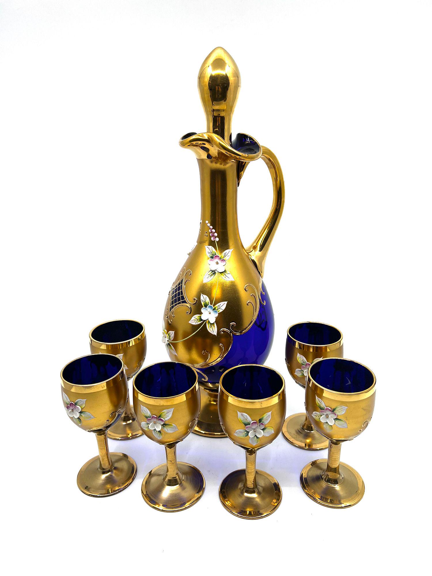 Set of Bohemian cobalt blue and china flowers decanter and glasses (1 of 8)