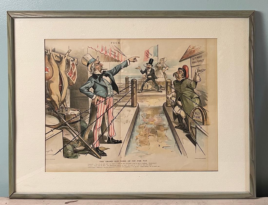 Vintage PUCK Political Cartoon The Grand Old Game of Tit for Tat Framed (1 of 8)