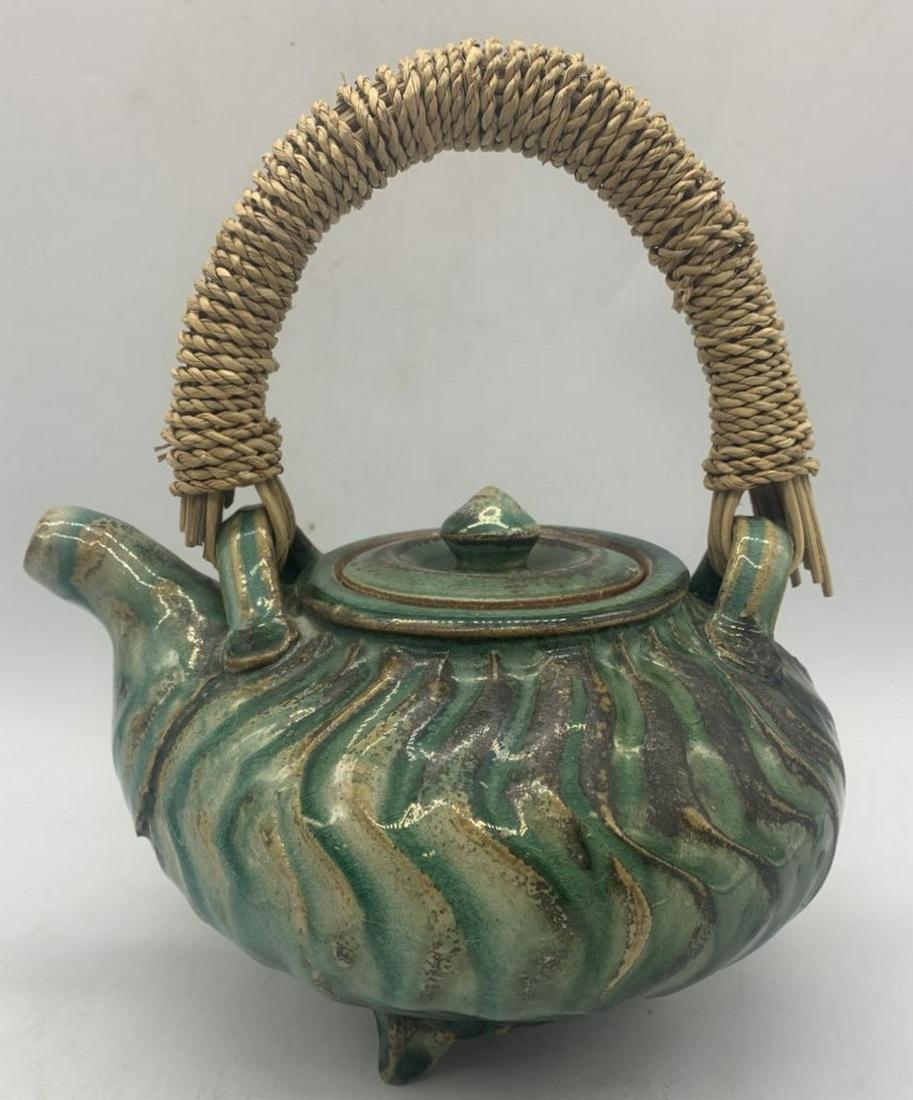 ASIAN STUDIO ART POTTERY TEAPOT WITH BAMBOO HANDLE (1 of 8)