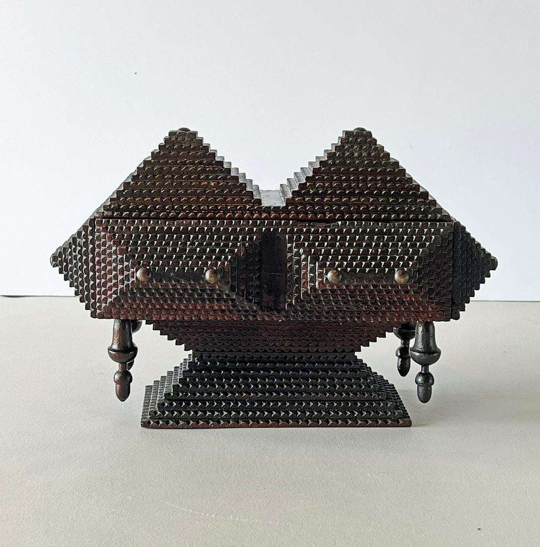 Tramp Art Pedestal Box w Carved Acorns (1 of 5)