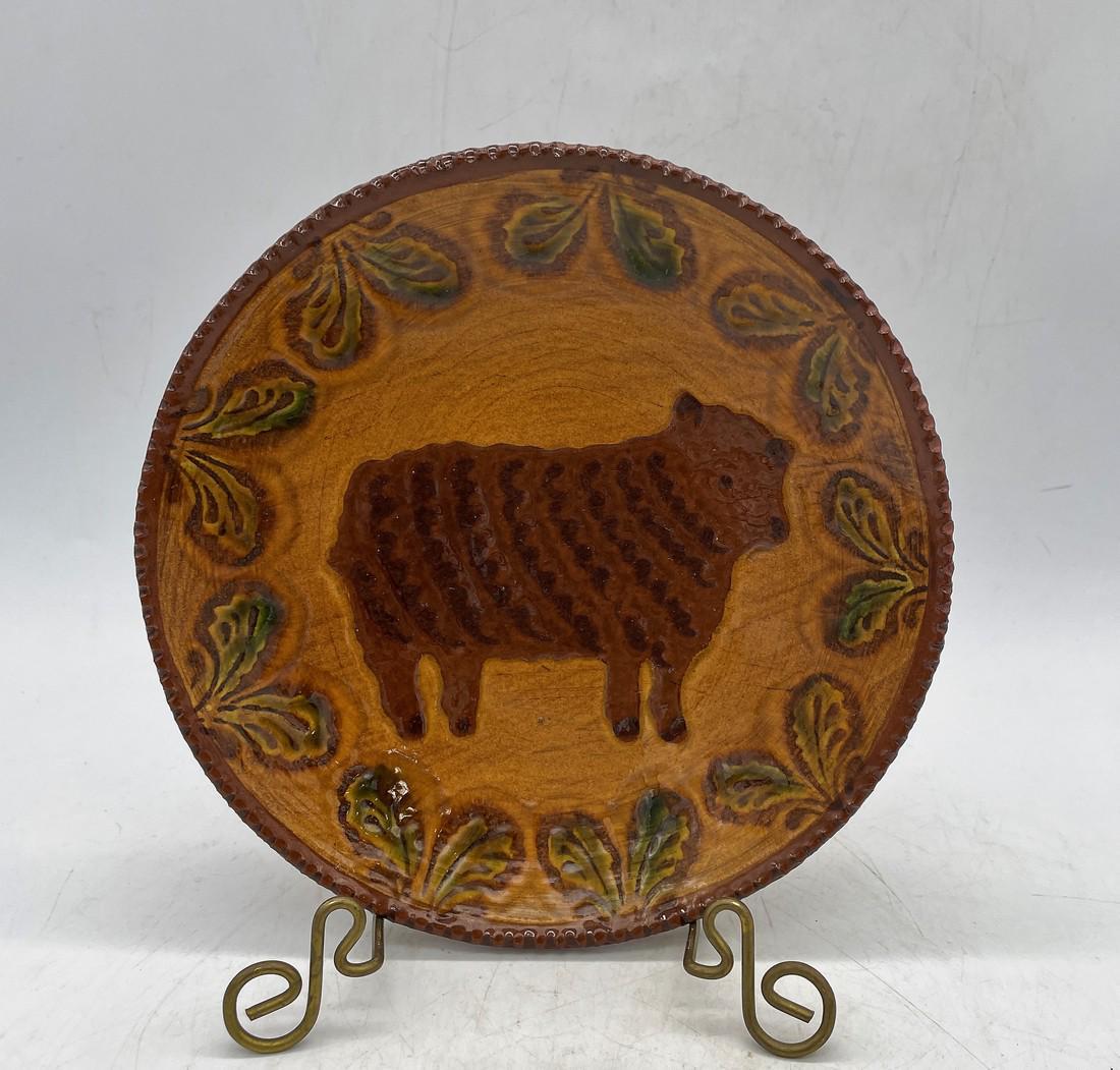 SIGNED NED FOLTZ POTTERY GLAZED REDWARE SHEEP PLATE, 1993 (1 of 8)