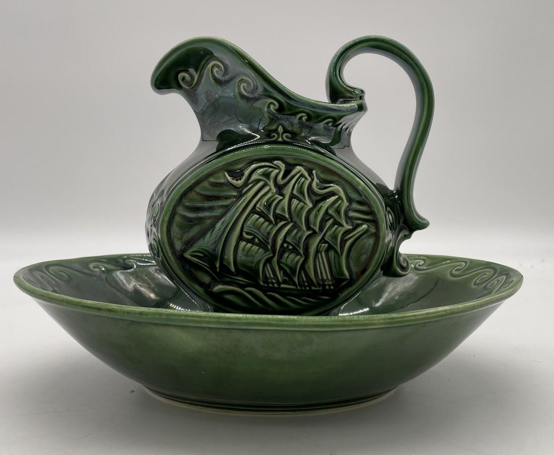 VINTAGE MCCOY POTTERY PITCHER & BASIN SET CLIPPER SHIP GREEN CERAMIC #751 (1 of 8)