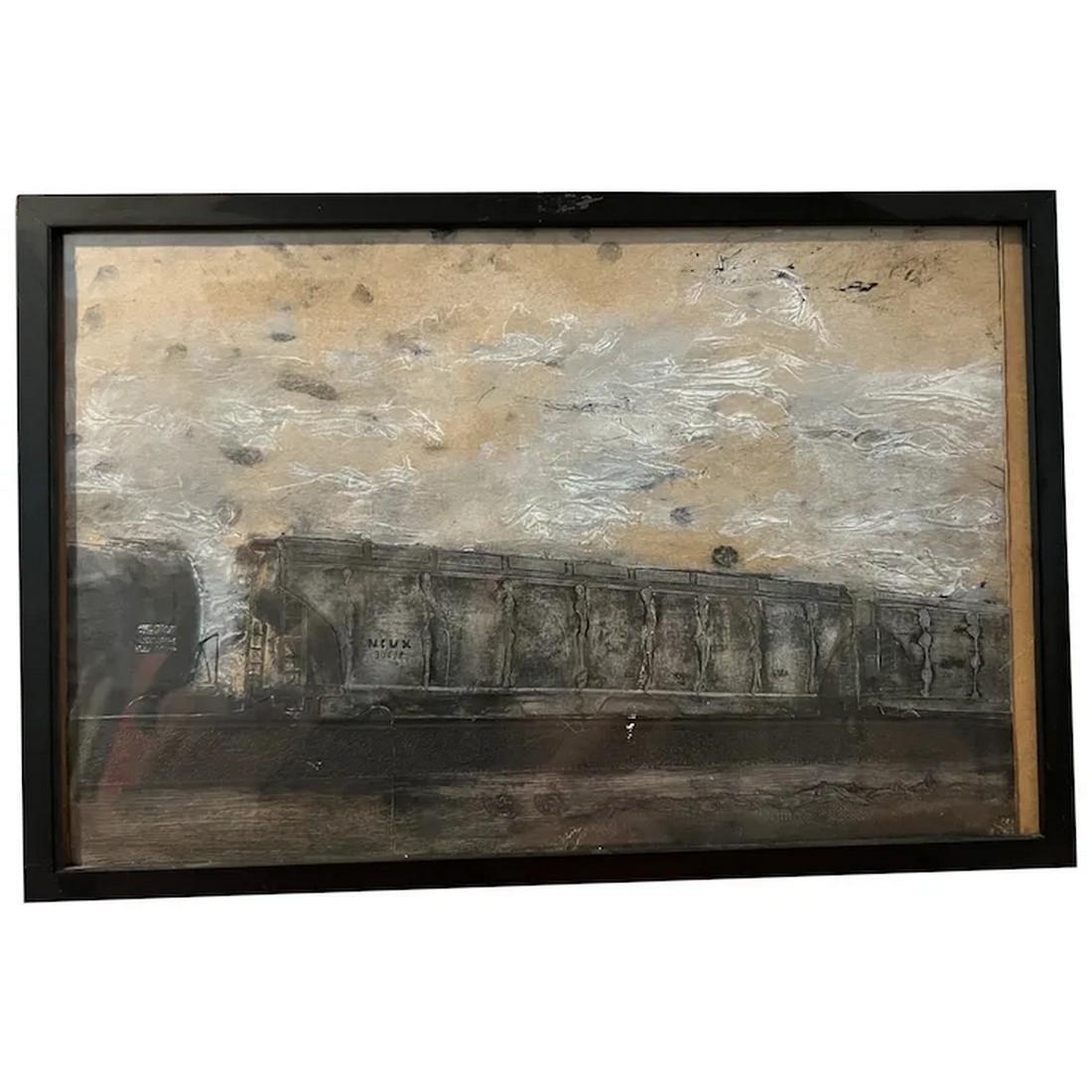 Vintage Rail Road Folk Art Charcoal Drawing Of A Train (1 of 10)