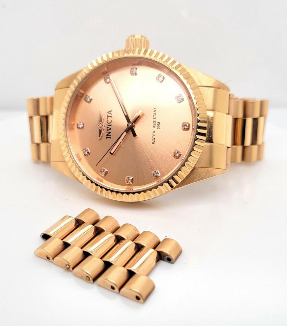 Designer Invicta 29506 Specialty Rose Gold Plated Stainless Steel Quartz Watch: Invicta 29506 Specialty Rose Gold Plated Stainless Steel Quartz Watch Model no. 29506 Rose gold plated stainless steel case and bracelet Case measures 42.8mm x 53.4mm including lugs Crown measures 6.8
