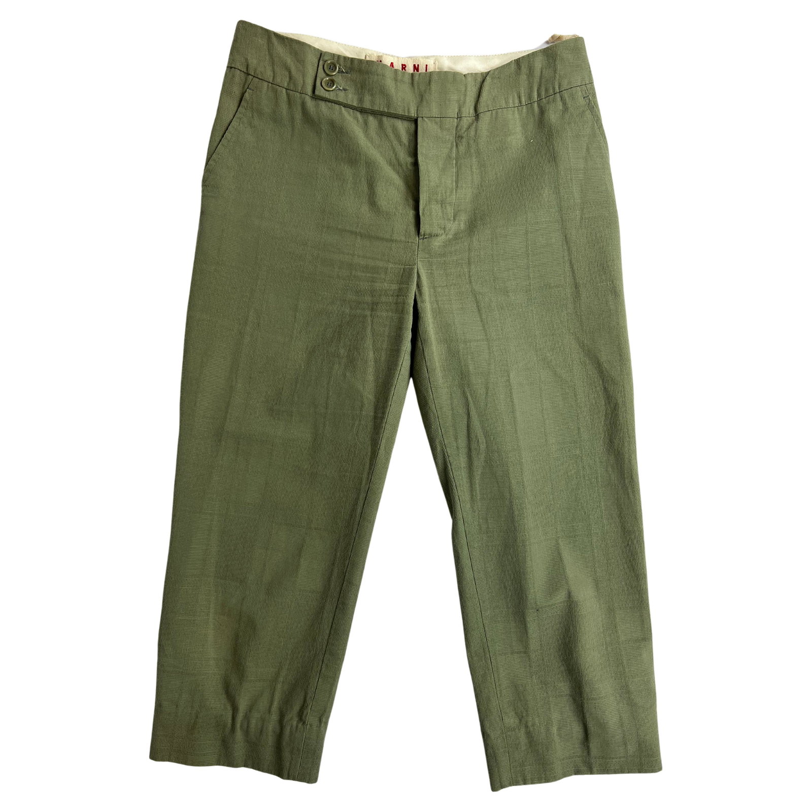Marni Green Capri Pants, Size 40: Marni Green Capri Pants, Size 40 - Mid raise - Side pockets - Front button and zip closure - Below the knees length - Checkered pattern - 100% Cotton Details: Designer: Marni Dimensions: Length: 30.5