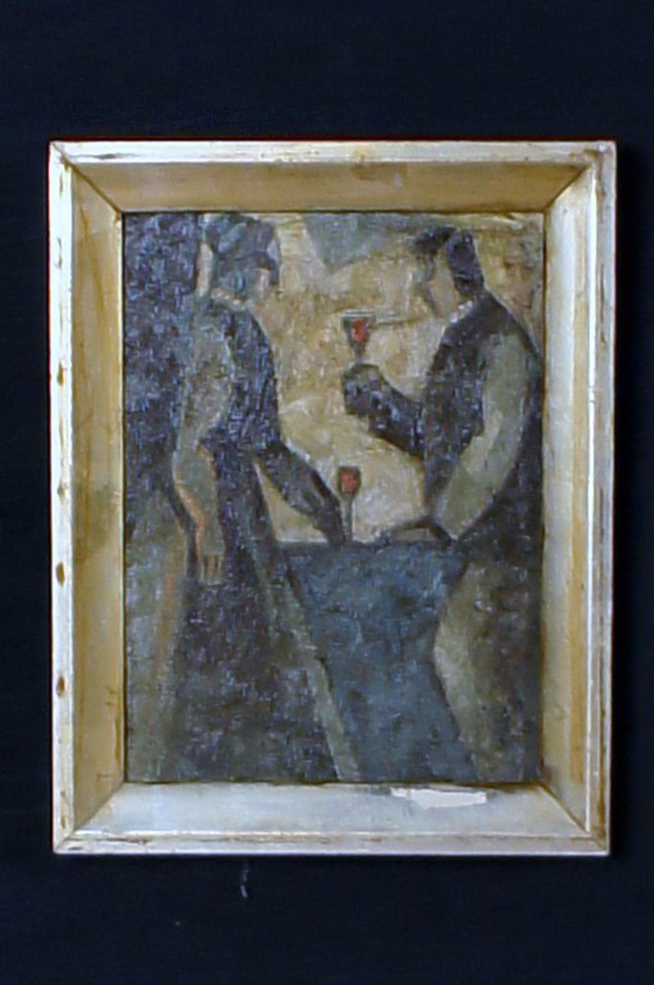 Oil on board, couple in interior, app. 1930s. Unknown artist, unsigned. (1 of 7)