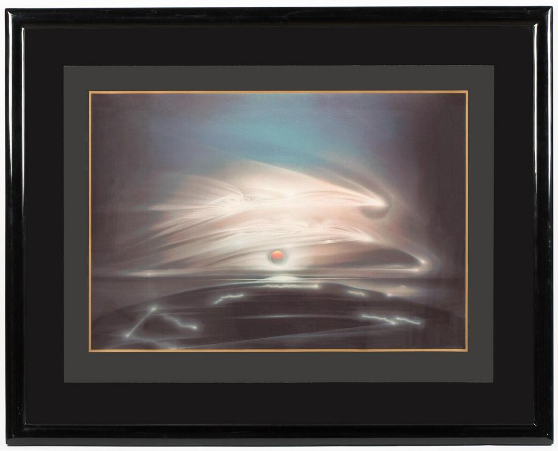 Andreas Nottebohm Dancing Clouds 86' Serigraph Galerie Michael COA Compare $2295: Andreas Nottebohm (b. 1944). Dancing Clouds, 27-1/4" x 36-1/4" serigraph on paper (framed size: 37-3/4" x 47") signed/dated/numbered lower center. Number is 43/100. Framed floating under plexiglass. P