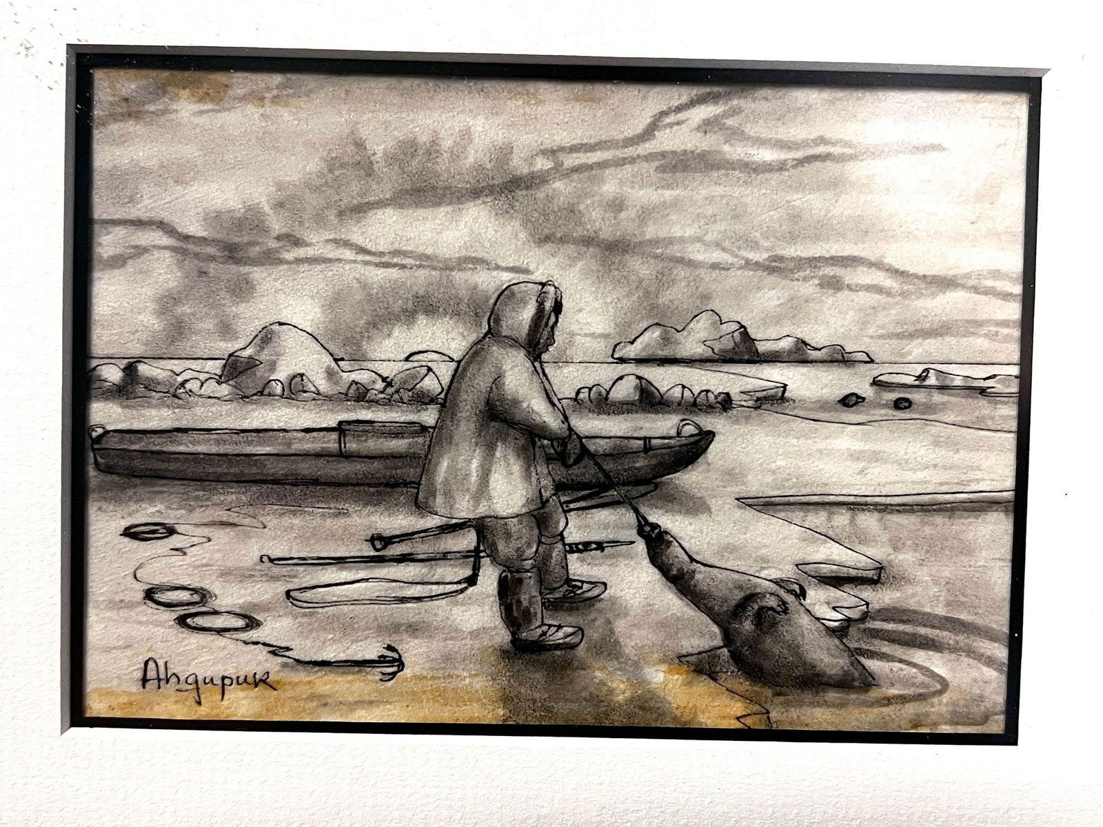 Ahgupuk (1911-2001) Eskimo drawing of a man with a seal (1 of 3)