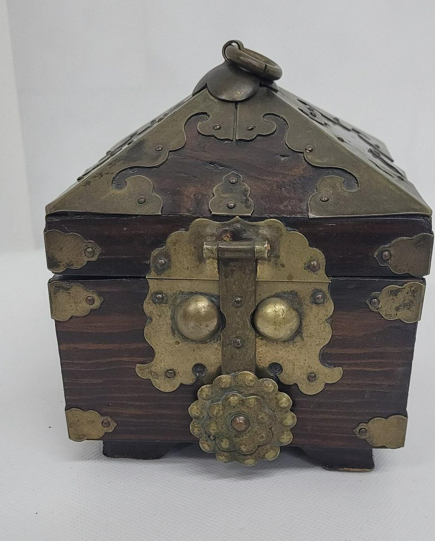 Antique Korean Prayer Box Hinged Pyramid Style Wood Brass Hardware
