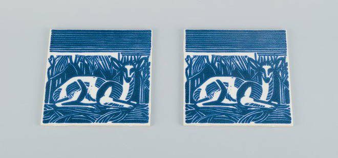 Axel Salto for Royal Copenhagen, two rare tiles. Motif of reclining deer. Mid 20th century.: Axel Salto for Royal Copenhagen, two rare tiles. Motif of reclining deer. Mid 20th century. Perfect condition. Marked. Dimensions: 15.3 cm. Reserve: $210.00 Shipping: Domestic: Shipping rates are dete