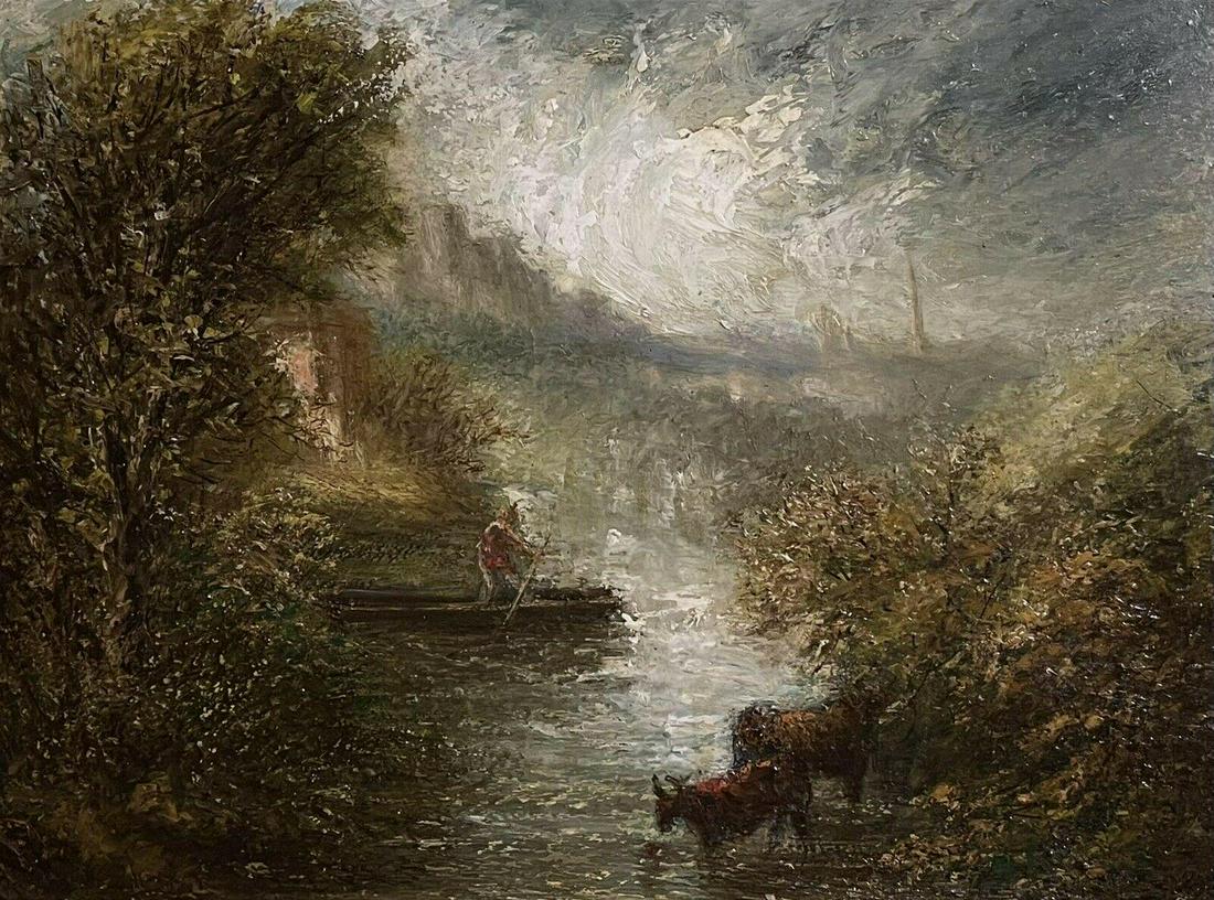 Follower of John Constable, Antique English Oil Figure Stormy Lake in Boat: Artist/ School: English School, 19th century Title: The Stormy Lake Medium: oil painting on board, framed framed: 14 x 17 inches canvas: 9 x 12 inches Provenance: private collection, UK Condition: The