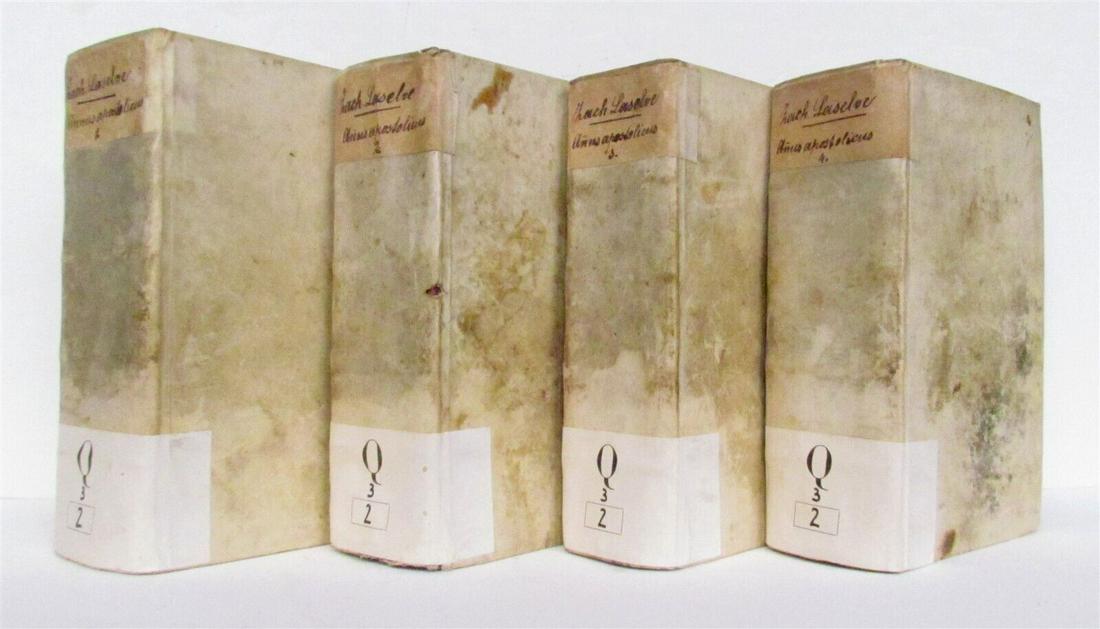 1710-1721 ANNUS APOSTOLICUS antique 4 VOLUMES vellum bound set: Annus Apostolicus Paris, Couterot and Liege, Broncart; 1710-21 4 volumes. Complete. Overlapping vellum with library labels to the spines Rare and extensive edition. Each volume in 2 parts with its own