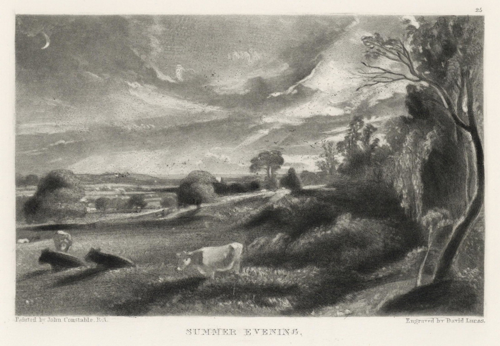 John Constable mezzotint "Summer Evening": Medium: mezzotint (engraved by David Lucas after the John Constable painting). Printed in 1855 on cream wove paper for the "English Landscape Scenery" portfolio, published in London by Henry Bohn. Pla