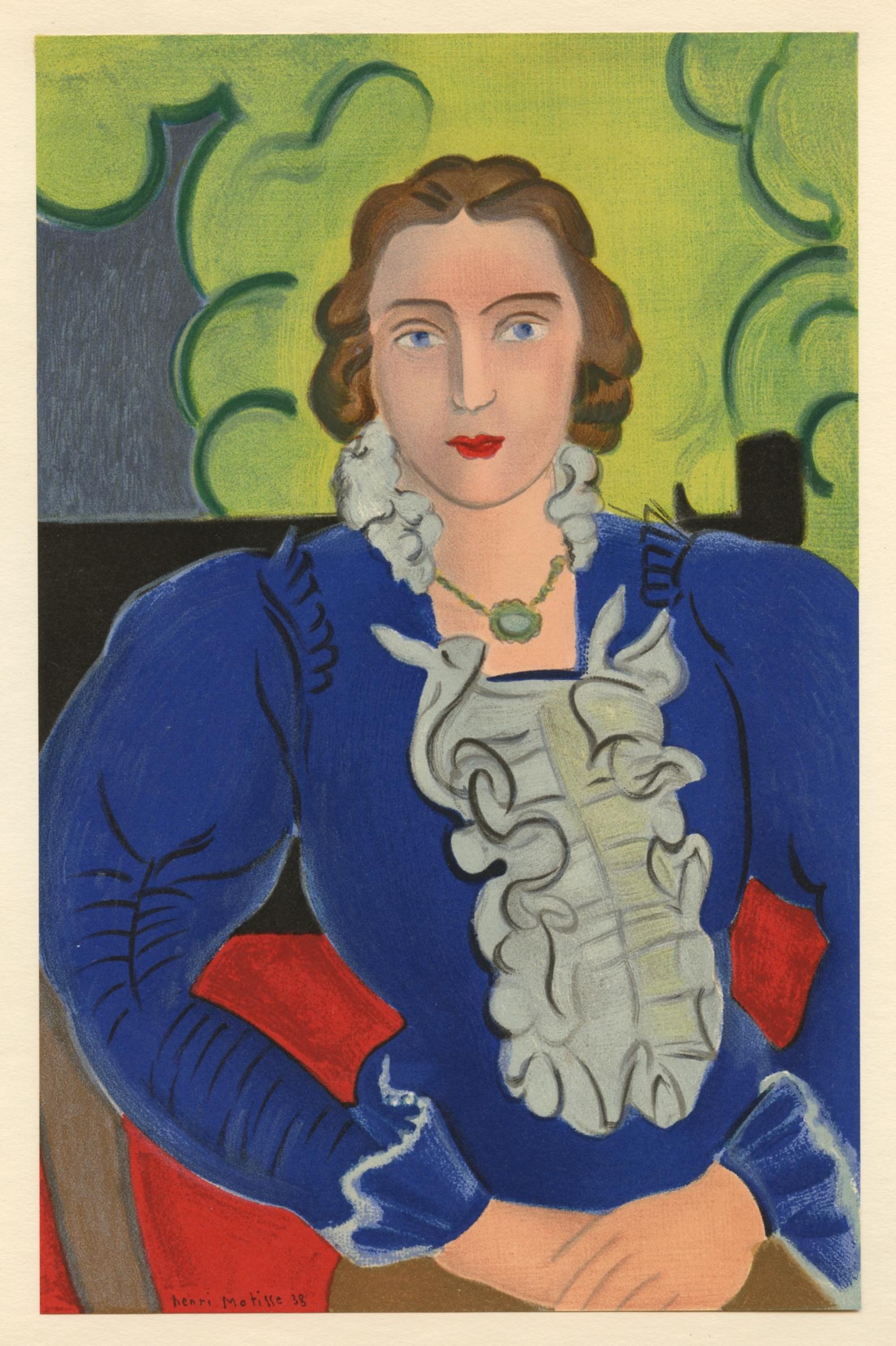 Henri Matisse lithograph "The Blue Blouse": Medium: lithograph (after the painting). Printed in Paris on smooth wove paper at the atelier Mourlot and published in 1954. Size: 9 1/4 x 6 inches (238 x 154 mm). Signed in the plate, not by hand. Co