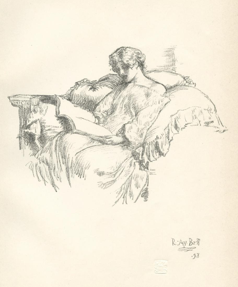 Robert Anning Bell original lithograph "The Music Score": Medium: original lithograph. Published in London in 1898 by The Studio. This delightful lithograph on wove paper measures 11 x 7 3/4 inches (sheet size). Signed by Robert Anning Bell in the stone (not