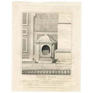 London Stone in Cannon Street - 1791 engraving: London Stone in Cannon Street. Provenance: John Thomas Smith’s Antiquities of London, published between 1791 and 1800. Size: 19x24,6 cms. Condition: good.; London Stone is a historic landmark ho