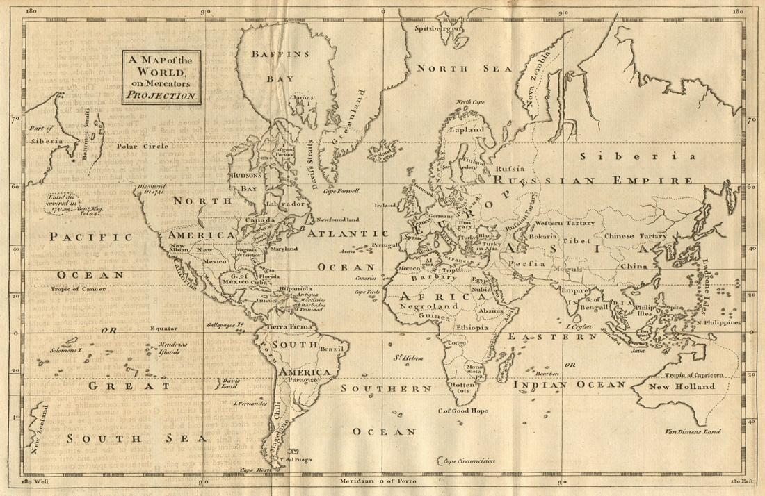 A map of the world on Mercators Projection. Davis Land. GENTS MAG 1755 old (1 of 1)