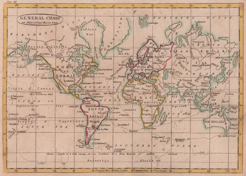 General Chart on Mercators Projection. World. Cook's route. PAYNE 1798 old map (1 of 2)