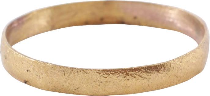 VIKING WEDDING RING, 10-11TH CENTURY, SIZE 9: Bronze, size 9, with the 24karat gold surface professionally restored. See the reference image which shows the process. Rounded face band, 2.6mm wide. Surface textured from burial. Gift boxed with cer