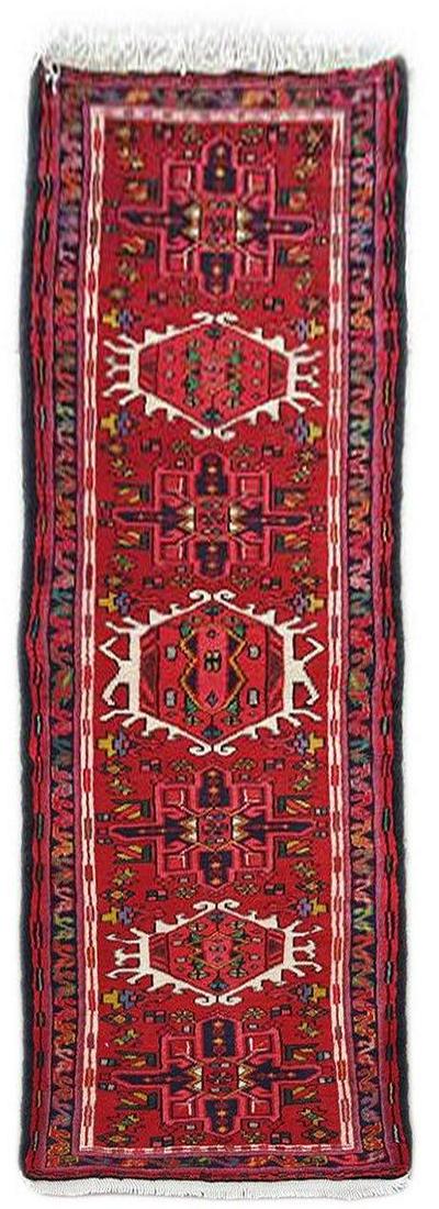 2' x 6' Red Persian Karaja Rug 80941: Title: 2' x 6' Red Persian Karaja Rug 80941 Description: Size in Feet: Width: 2' x Length: 6' Size in Inches: Width: 24 in x Length: 72 in Colors: Red, White Weave: 100% Handmade Pile: 3/8" Wool Style