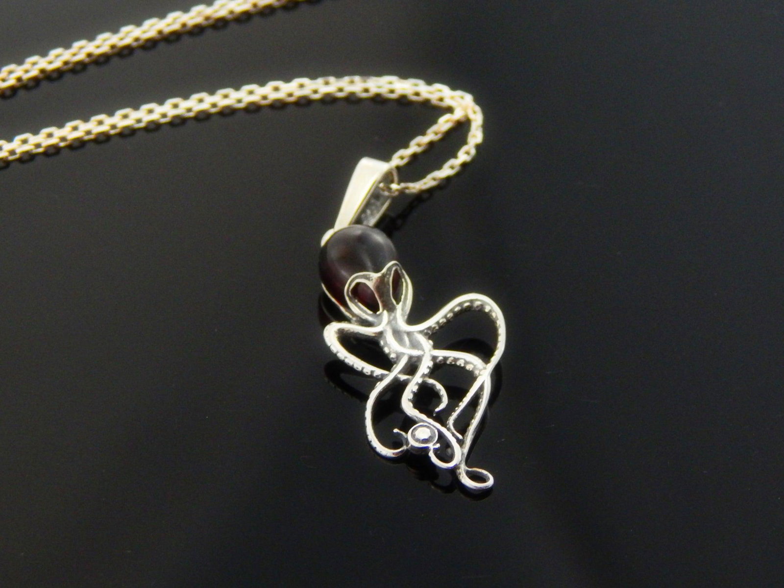 Natural Cognac Baltic Amber Octopus Necklace in 925 Sterling Silver (1 of 5)