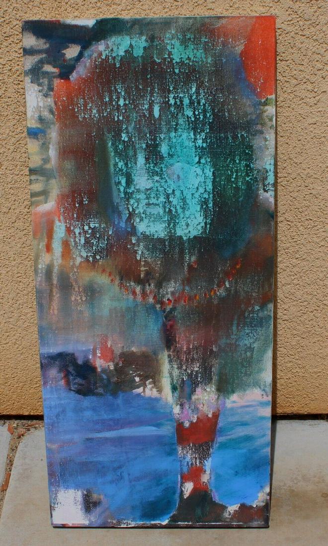 ANNIE LAPIN Original Modernist Abstract Hope for Trope 2008 Compare at $15k: ANNIE LAPIN (b. 1979). Original Modernist Abstract Painting, "Hope for Trope", 2008, 36" x 16" acrylic and oil on linen, signed/dated on the verso. Unframed. Label on the back: Angles Gallery, Santa M