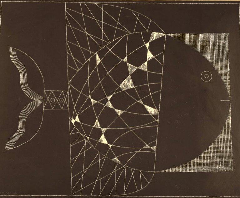 Hans Osswald (1919-1983), Swedish artist. Mixed media on paper. Fish. Mid 20th century.: Hans Osswald (1919-1983), Swedish artist. Mixed media on paper. Fish. Mid 20th century. Visible dimensions: 42 x 34 cm. Total dimensions: 51 x 45 cm. The frame measures: 2 cm. Signed. In excellent con