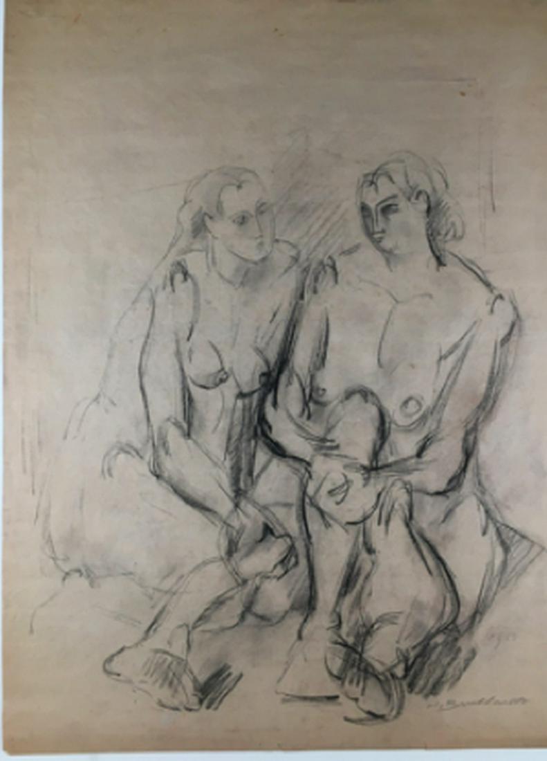 Hans Burkhardt (Swiss-Amarican 1904-1994) Two Nudes. 1950: Original charcoal drawing,. . signed and dated. . Sheet size: 24” x 17 3” Reserve: $400.00 Shipping: Domestic: Flat-rate of $30.00 to anywhere within the contiguous U.S. International: For