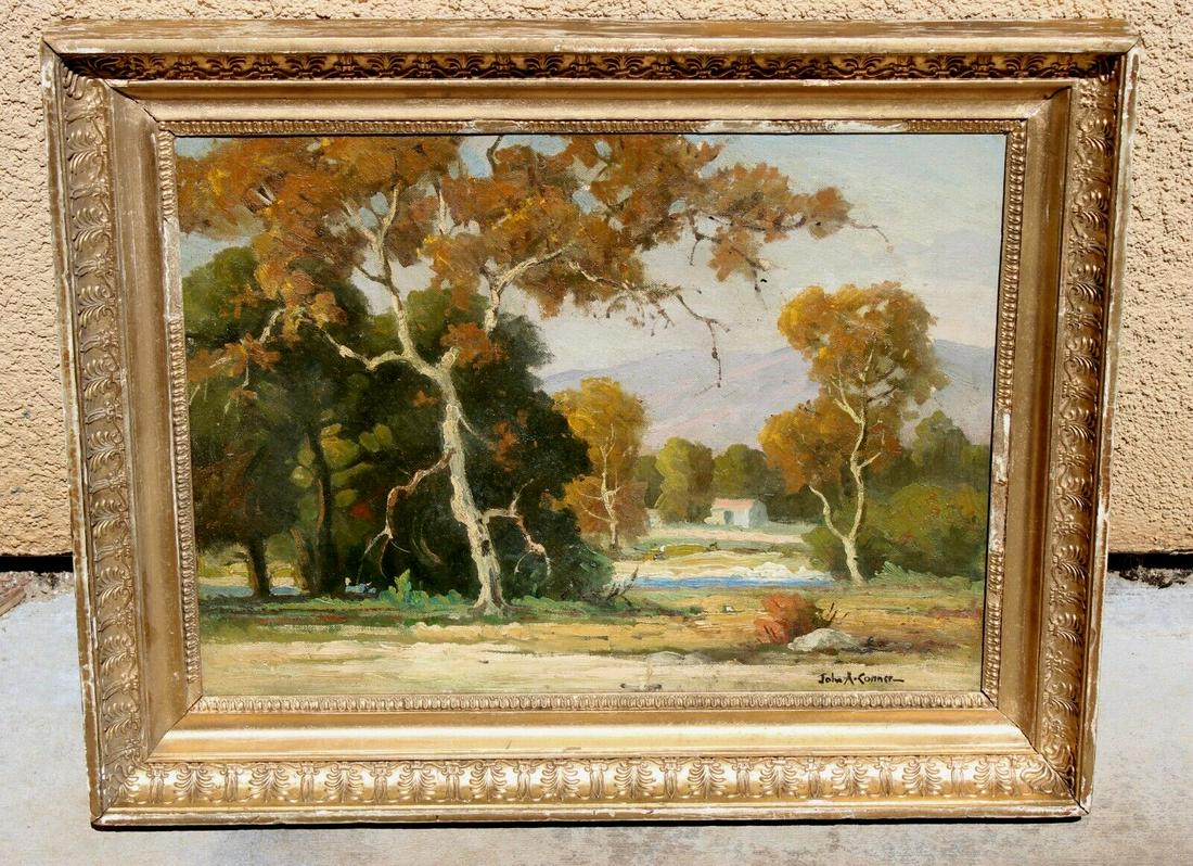 JOHN ANTHONY CONNER California Landscape with Cottage through the Trees oil: JOHN ANTHONY CONNER (1897-1971). California Landscape with Cottage through the Trees, 12" x 16" oil on canvas panel (framed size: 15-1/2" x 19-1/2") signed lower right. Born in Franklin Grove, Illinoi