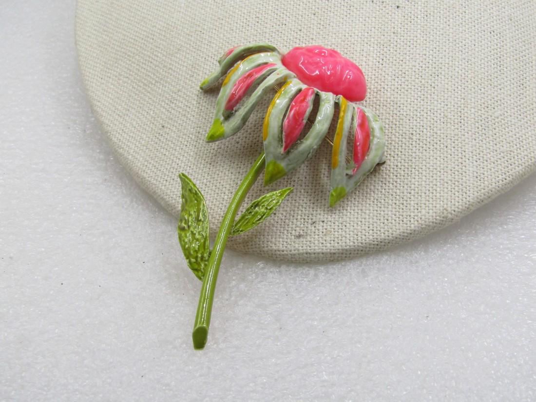 Vintage Enameled Mod Pink & Green Floral Brooch, Signed ART (1 of 6)