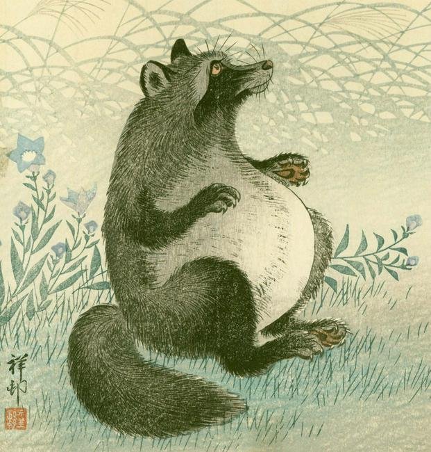 Tanuki by Ohara Koson - Very Rare: Title: Tanuki Among Autumn Grasses Artist: Ohara Shoson (Koson) Printing Date: 1934. First and only edition. Medium: Japanese woodblock print Size/Format: 11.125 x 9.75 inches. Publisher: Watanabe Sho