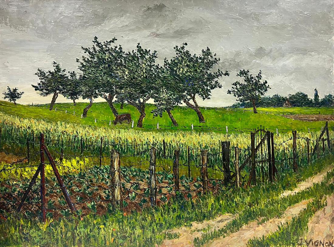 Animal Grazing under Orchard Trees 1960’s French Post Impressionist Oil 1960's (1 of 8)