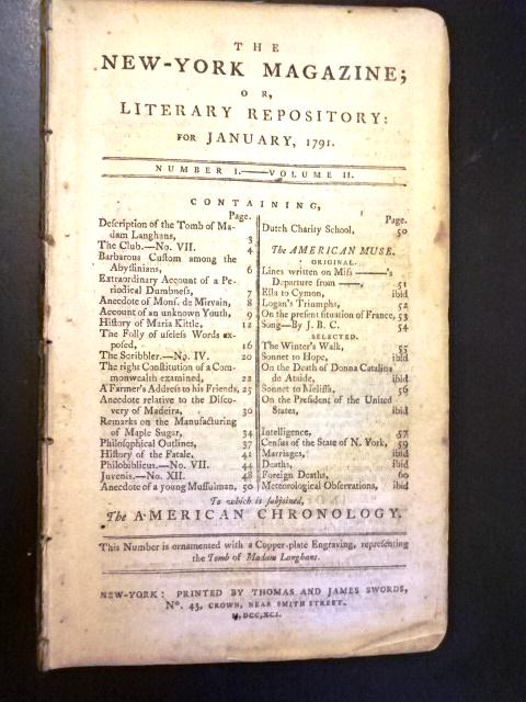 1791 New York Magazine John Adams: The New York Magazine or Literary Repository for January 1790, printed by Thomas and James Swords, 60 pages complete but lacking the subjoined American Chronology. Includes continuation of an essay by