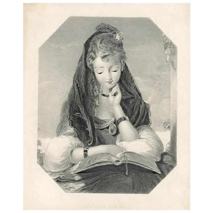The fair student, after Gilbert Stuart Newton. Samuel Sangster: Title: The Fair Student Print made by: Samuel Sangster (1805-1872) After: Gilbert Stuart Newton (1794-1835) Description: A girl sitting three-quarter length to front in an oval frame, reading a book i