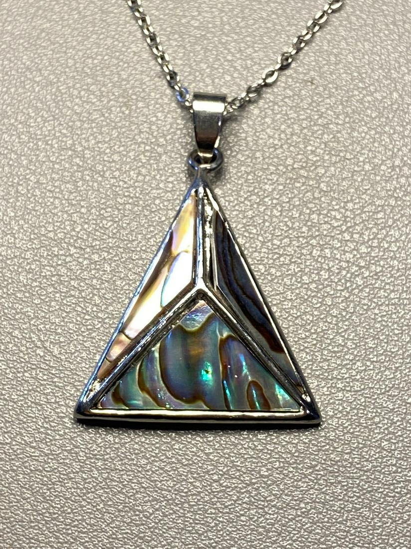 Vintage Art Deco Abalone mosaic Pyramid Embellished pendant Inspiration Chakra: Title: Vintage Art Deco Abalone mosaic Pyramid Embellished pendant Inspiration Chakra Additional Information: Vintage Art Deco Abalone mosaic Pyramid Embellished pendant Inspiration Chakra The iridesc