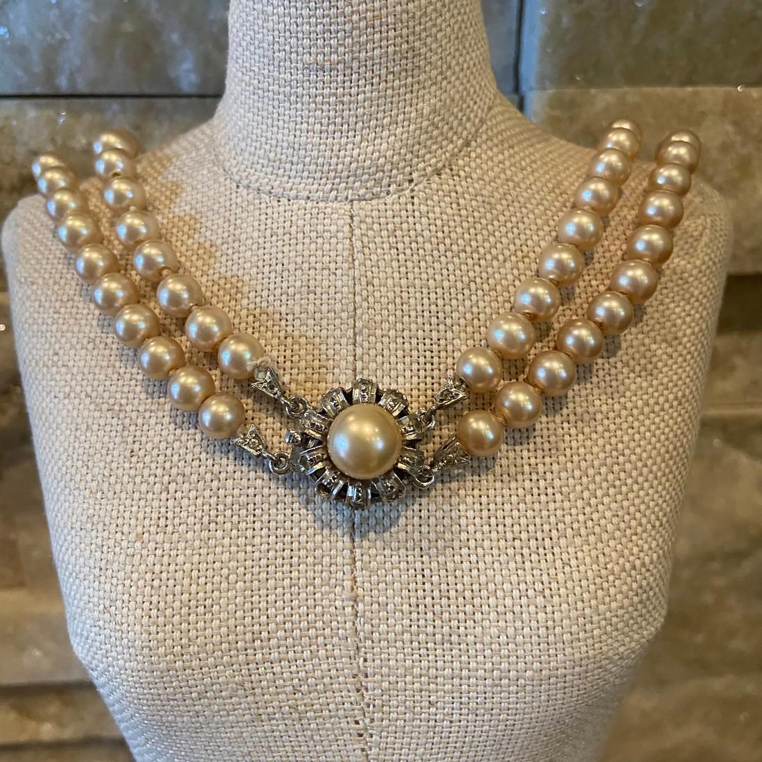 Vintage Double Strand Glass Pearl Choker Necklace (1 of 4)
