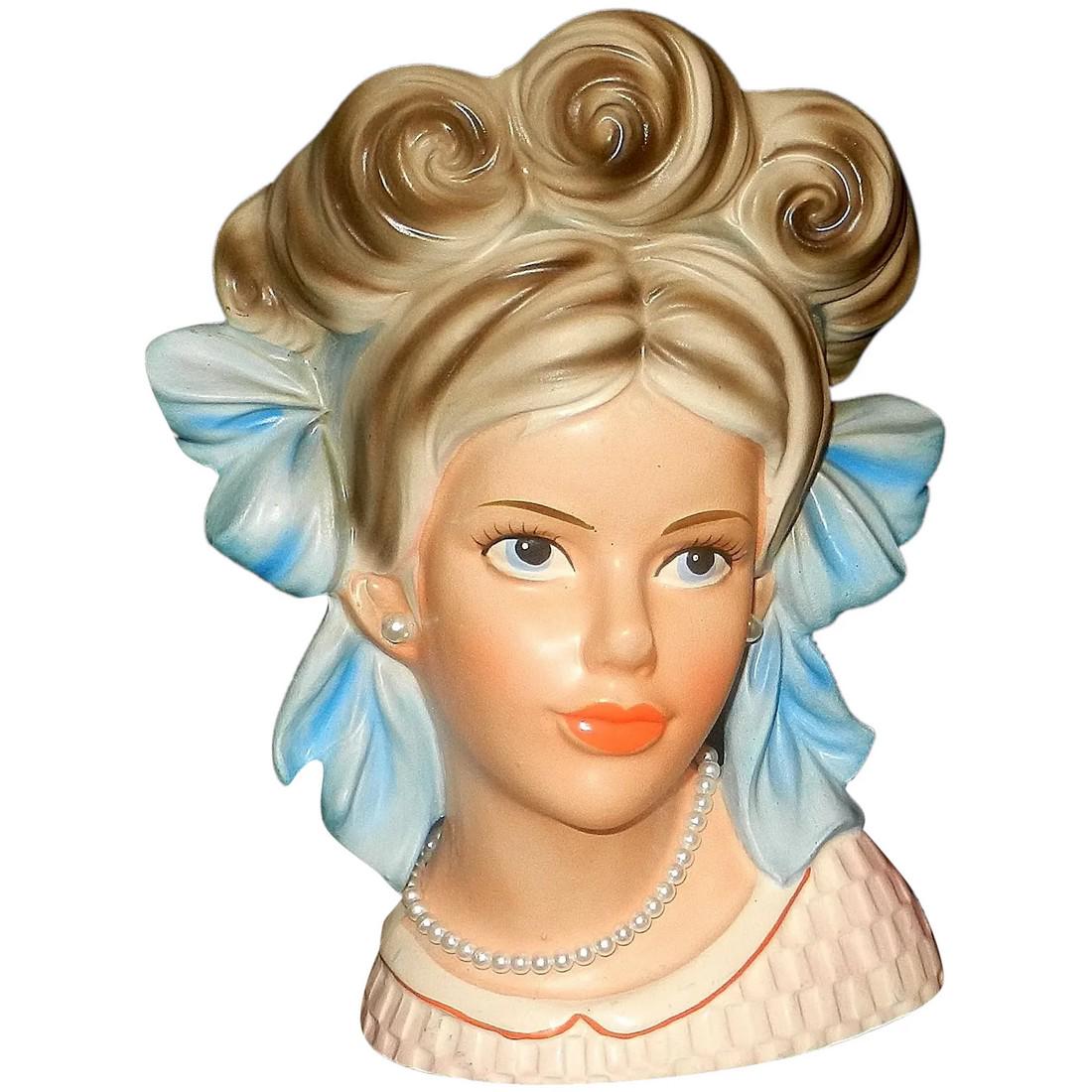 Vintage Enesco E-9013 Smart Girl Head Vase with 2 Blue Bows (1 of 9)